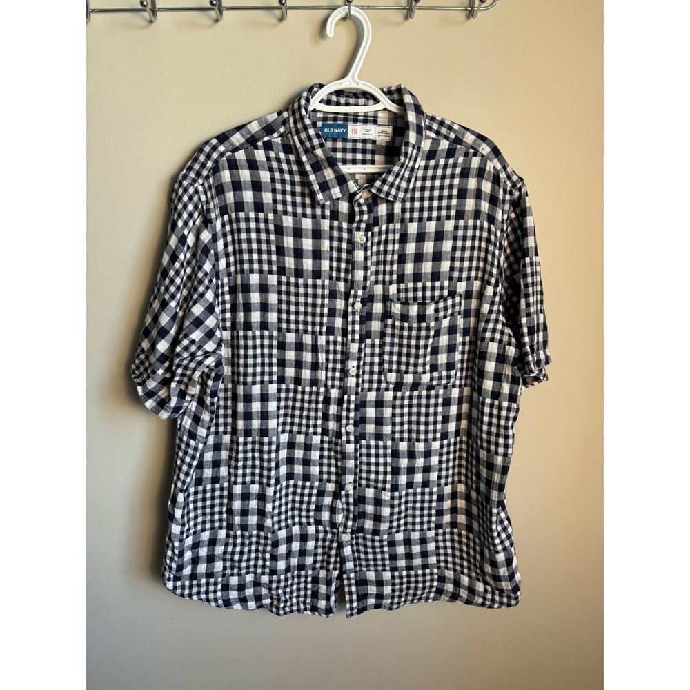 Old Navy Mens Navy Plaid Double Weave Shirt XXL Casual Gingham Preppy Classic